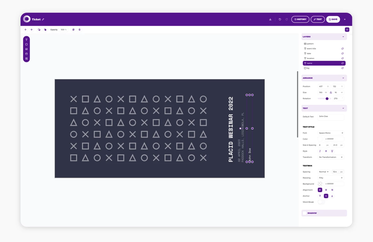 Placid Template Editor with Ticket template