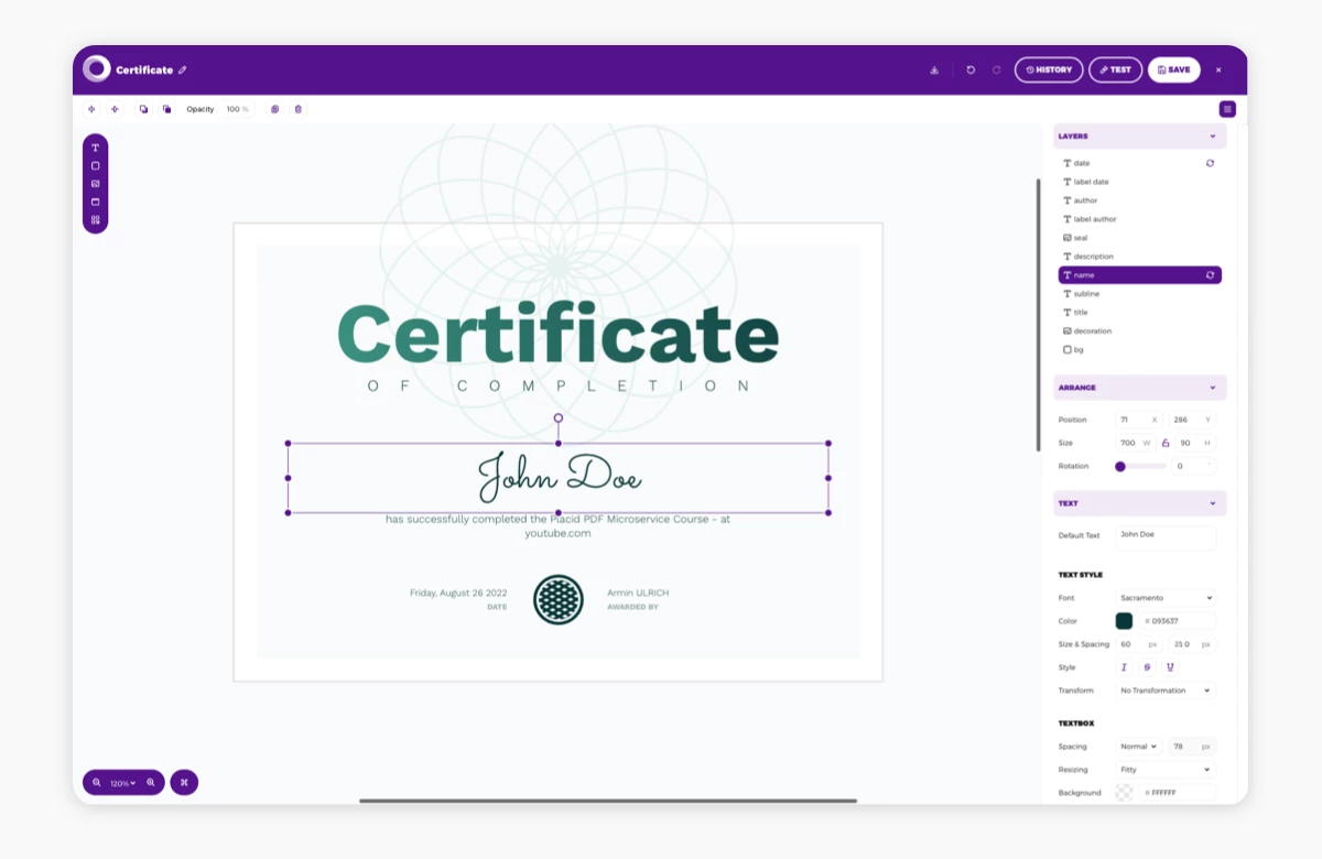 Placid editor with certificate template