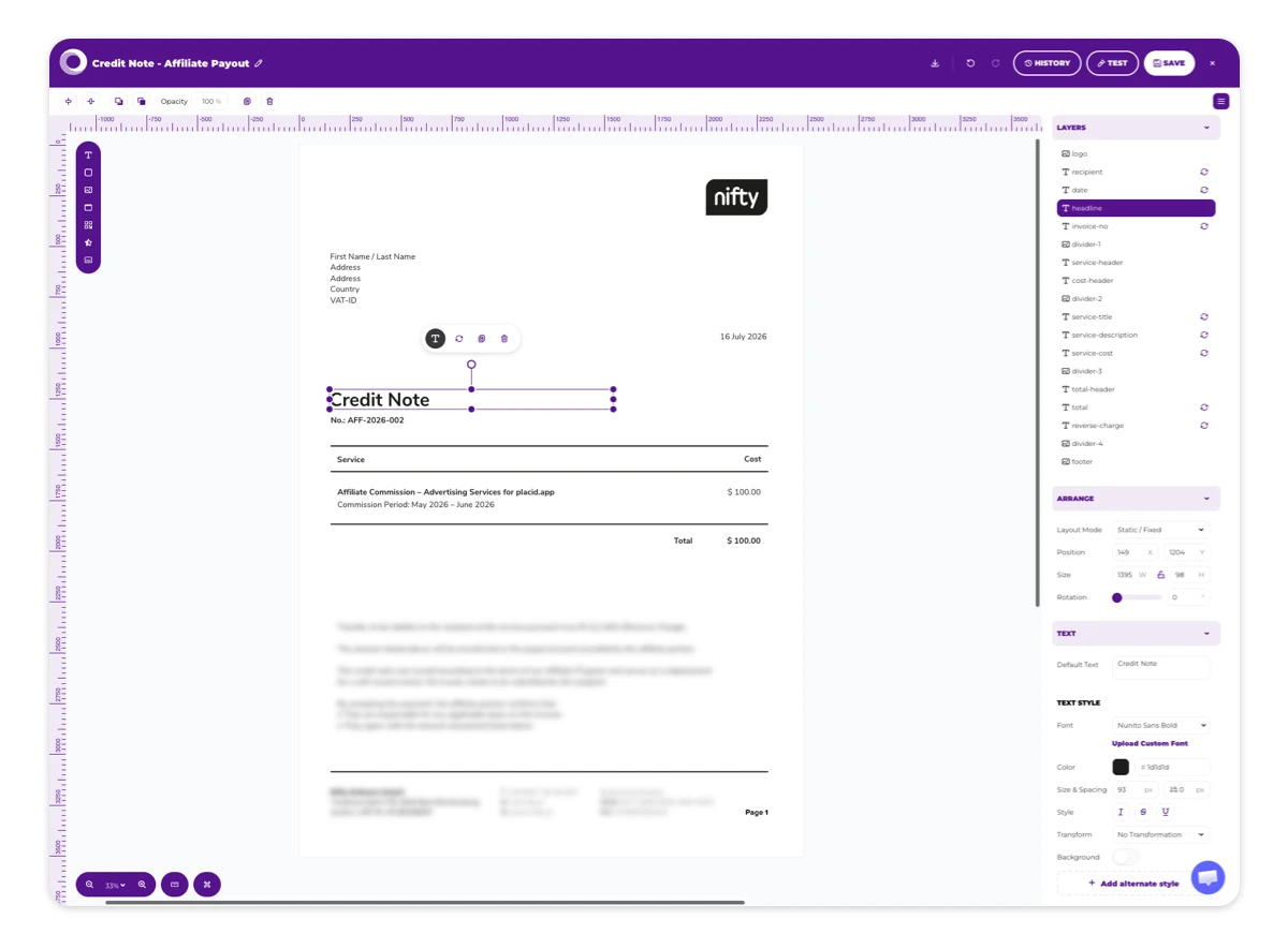 Affiliate invoice template in Placid Editor