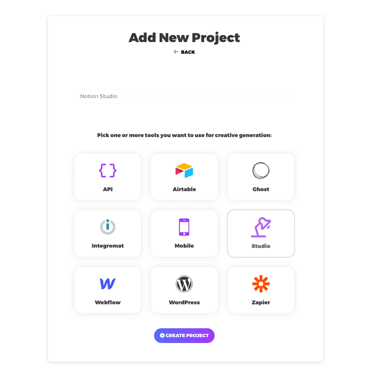 Add a New Project screen in Placid