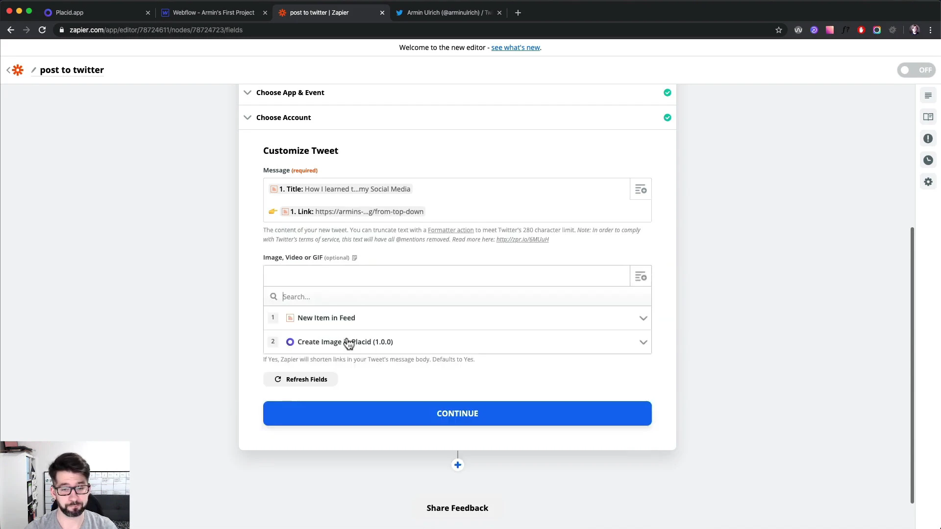 Video Tutorial Screenshot – Zapier settings to automatically tweet message with Zapier data