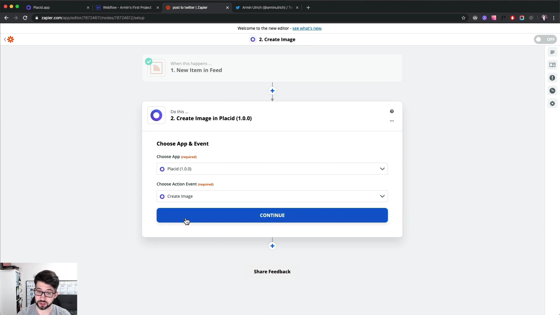 Video Tutorial Screenshot – Zapier settings of the Create Image action of the Placid Zapier integration