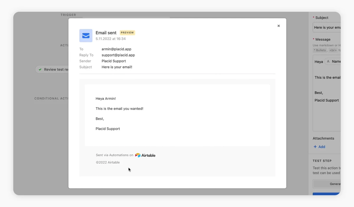 Demo email sent with Airtable