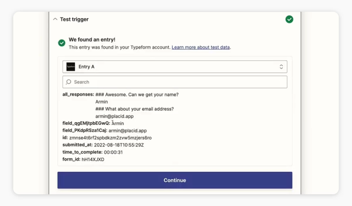 Test data from a Typerform trigger event in Zapier