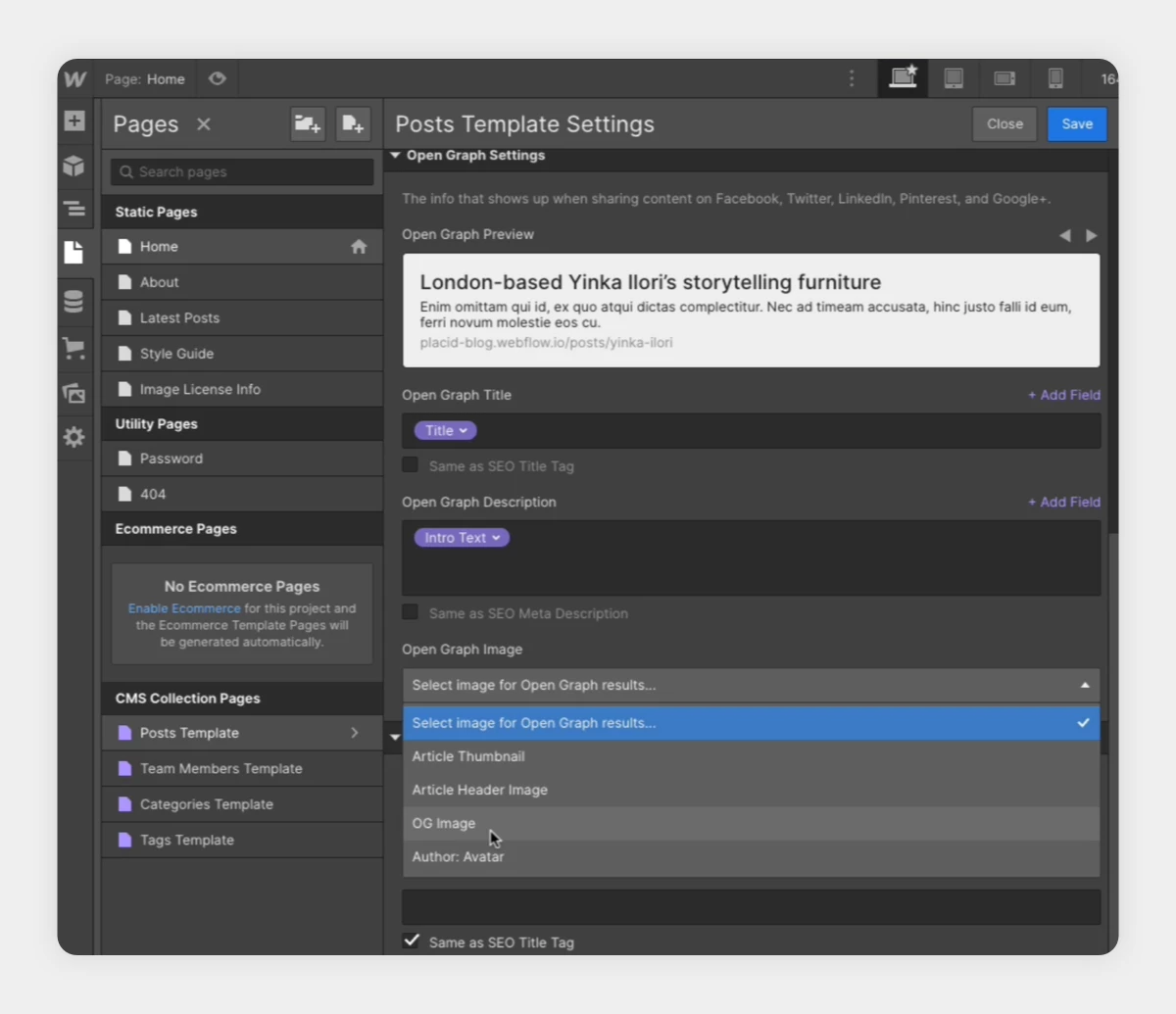 Webflow Open Graph Settings