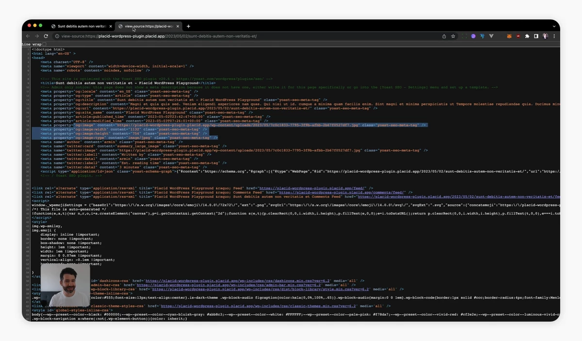 Source code of a WordPress page, showing metadata set by Yoast