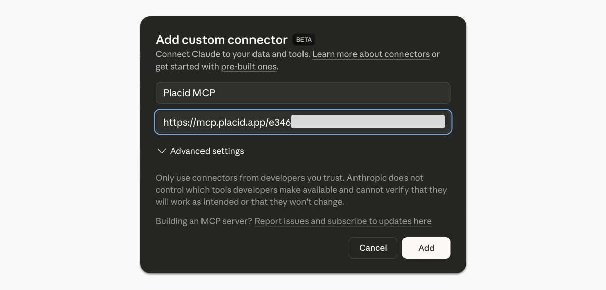 Add custom Placid MCP connector in Claude