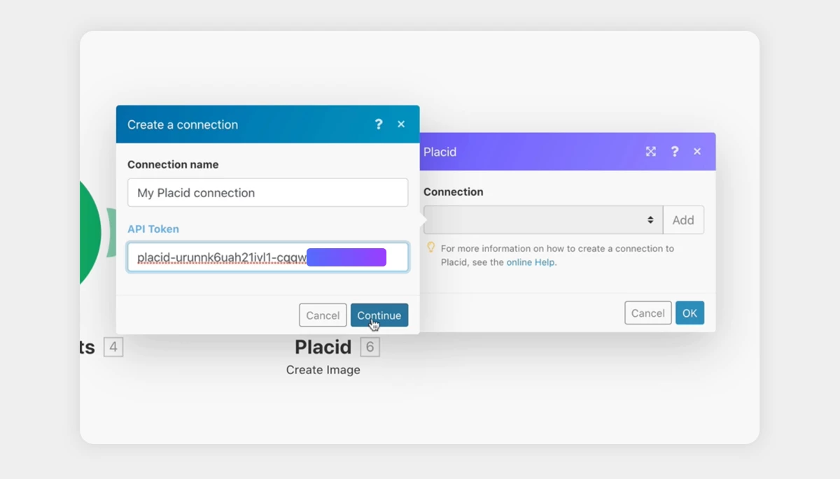 Placid account connection in Integromat module