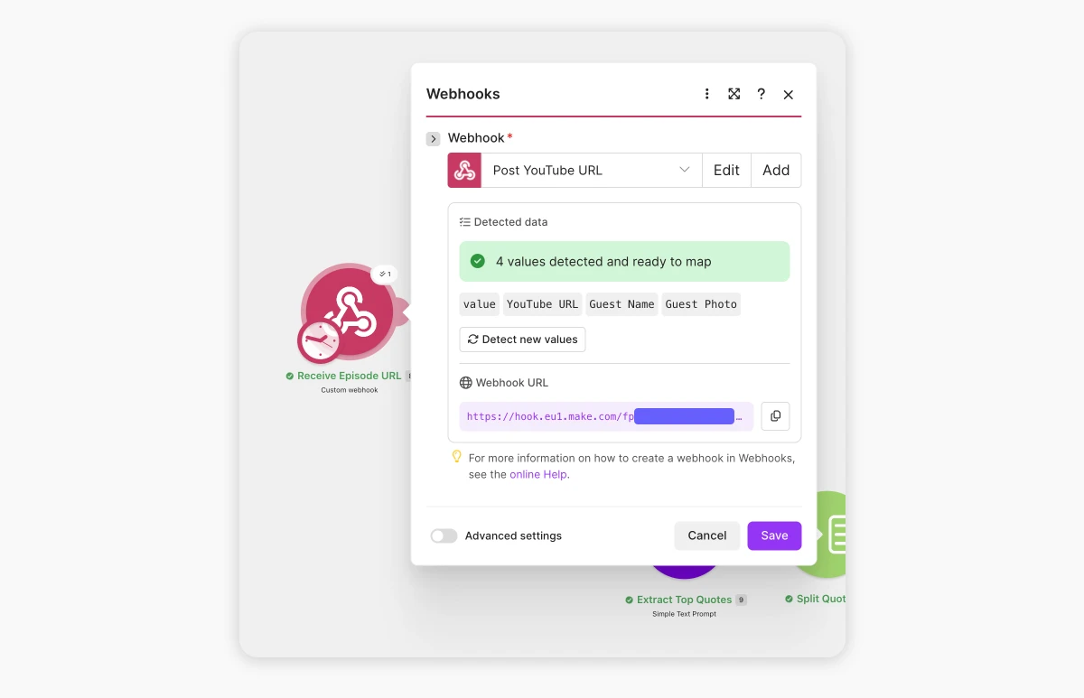 Webhook module configuration in Make