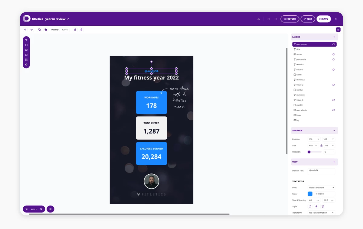 Template design for the personalized fitness app infographics in the Placid editor