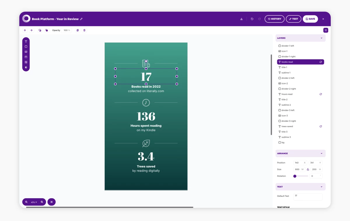 Placid editor with a dynamic template for the Year in Review campaign of a book platform