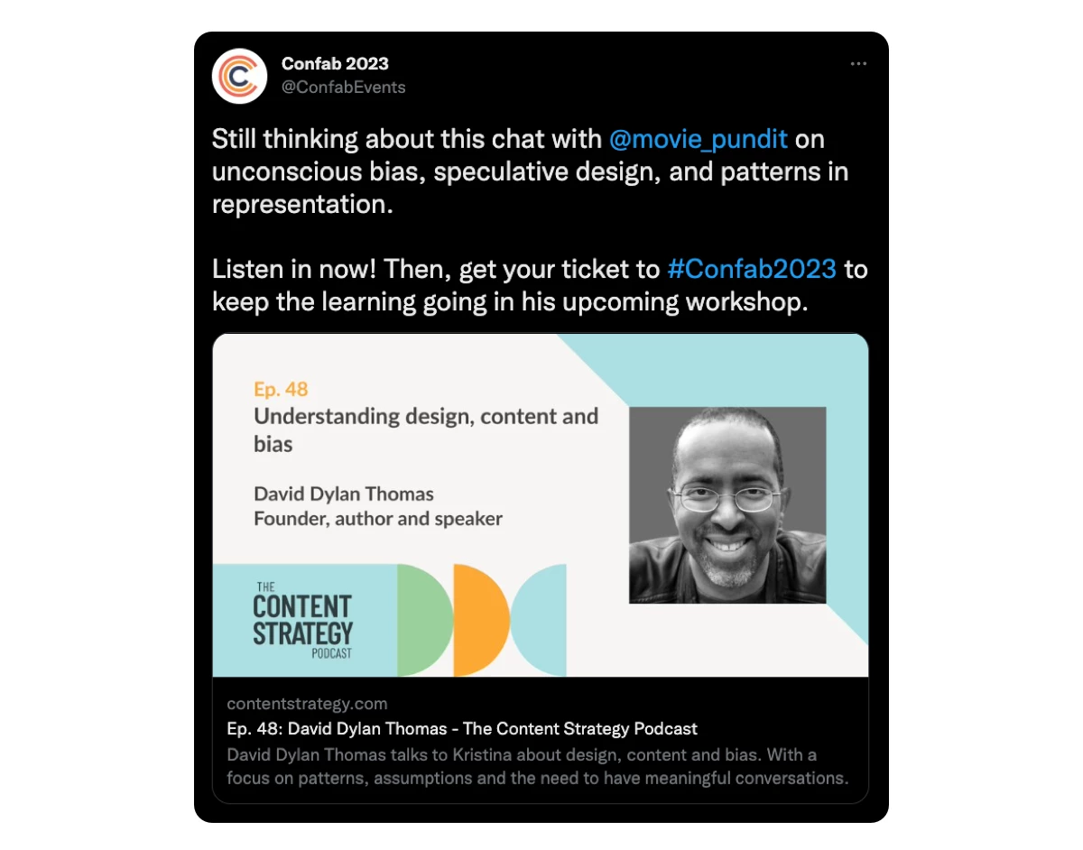 Tweet by @ConfabEvents highlighting a speaker's content