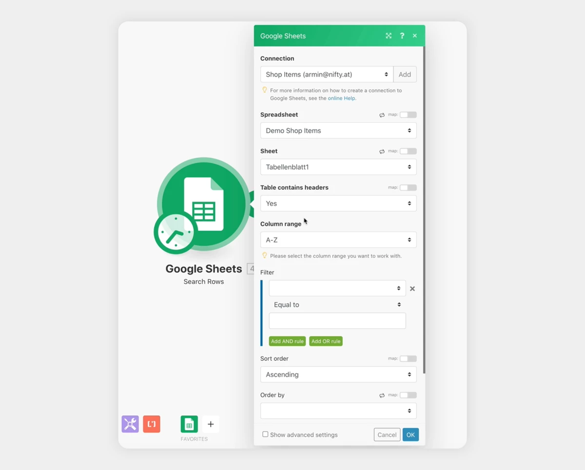 Integromat Google Sheet setup for automated image workflow with Placid