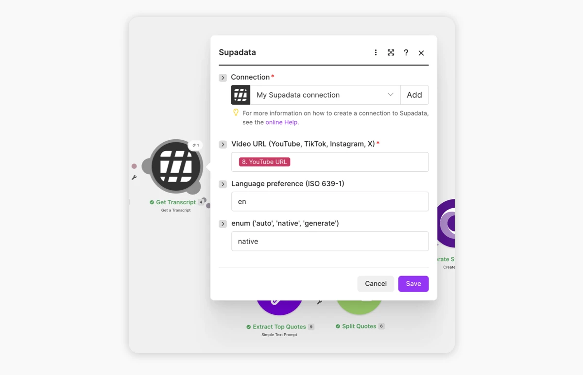 Supadata module configuration in Make