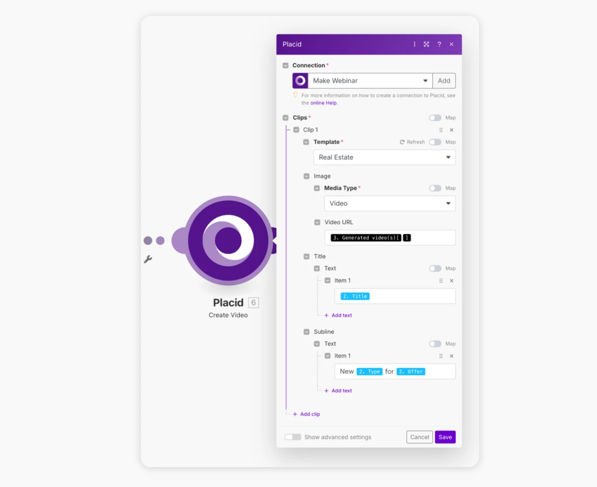 Placid Make.com action setup