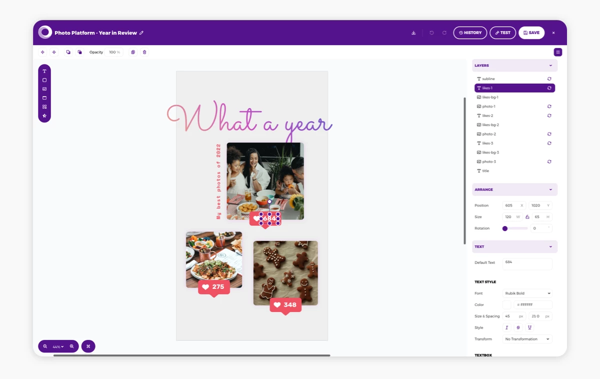 Placid editor with a Year in Review template design for a photo platform