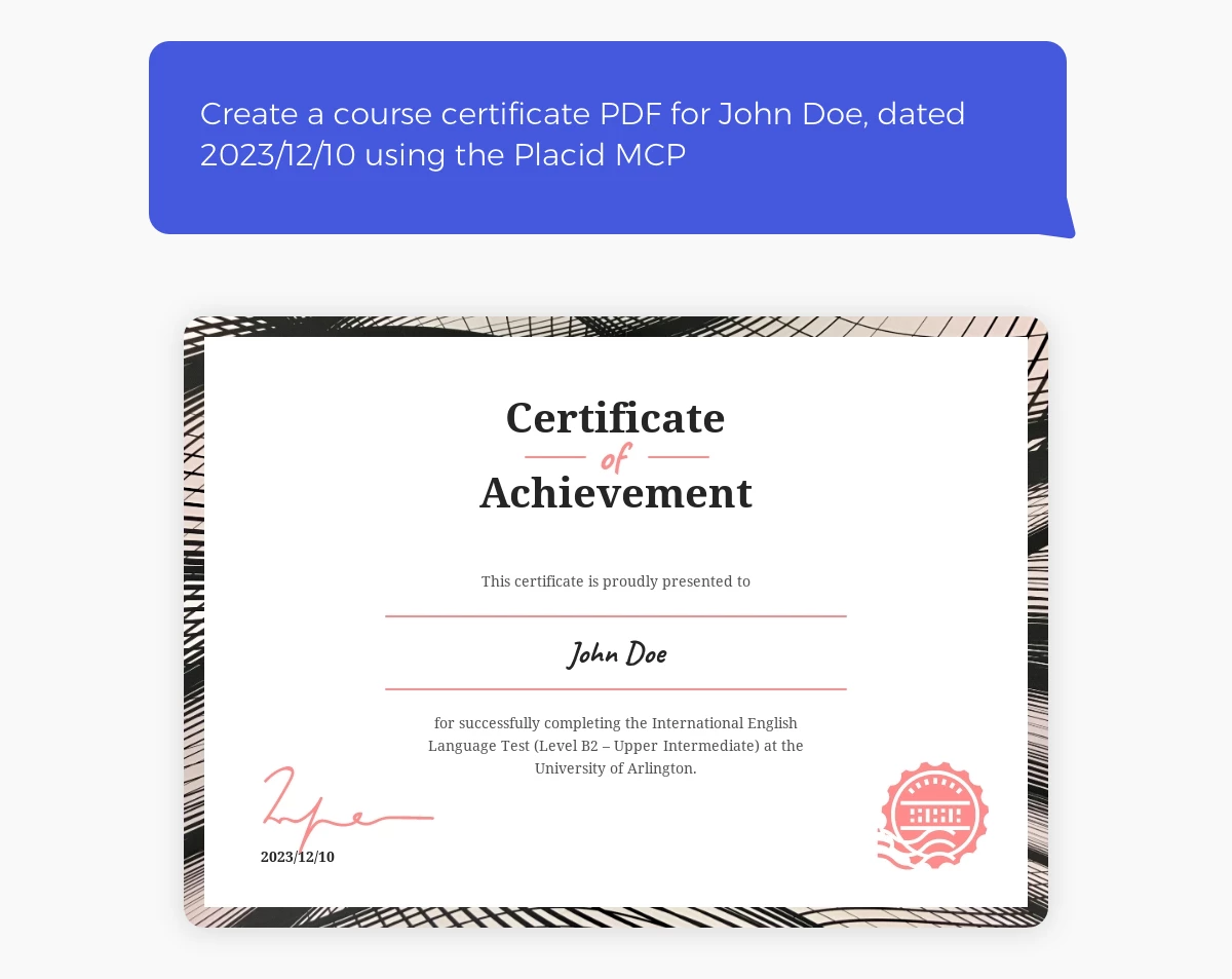 Example of a prompt & PDF generated with the Placid MCP