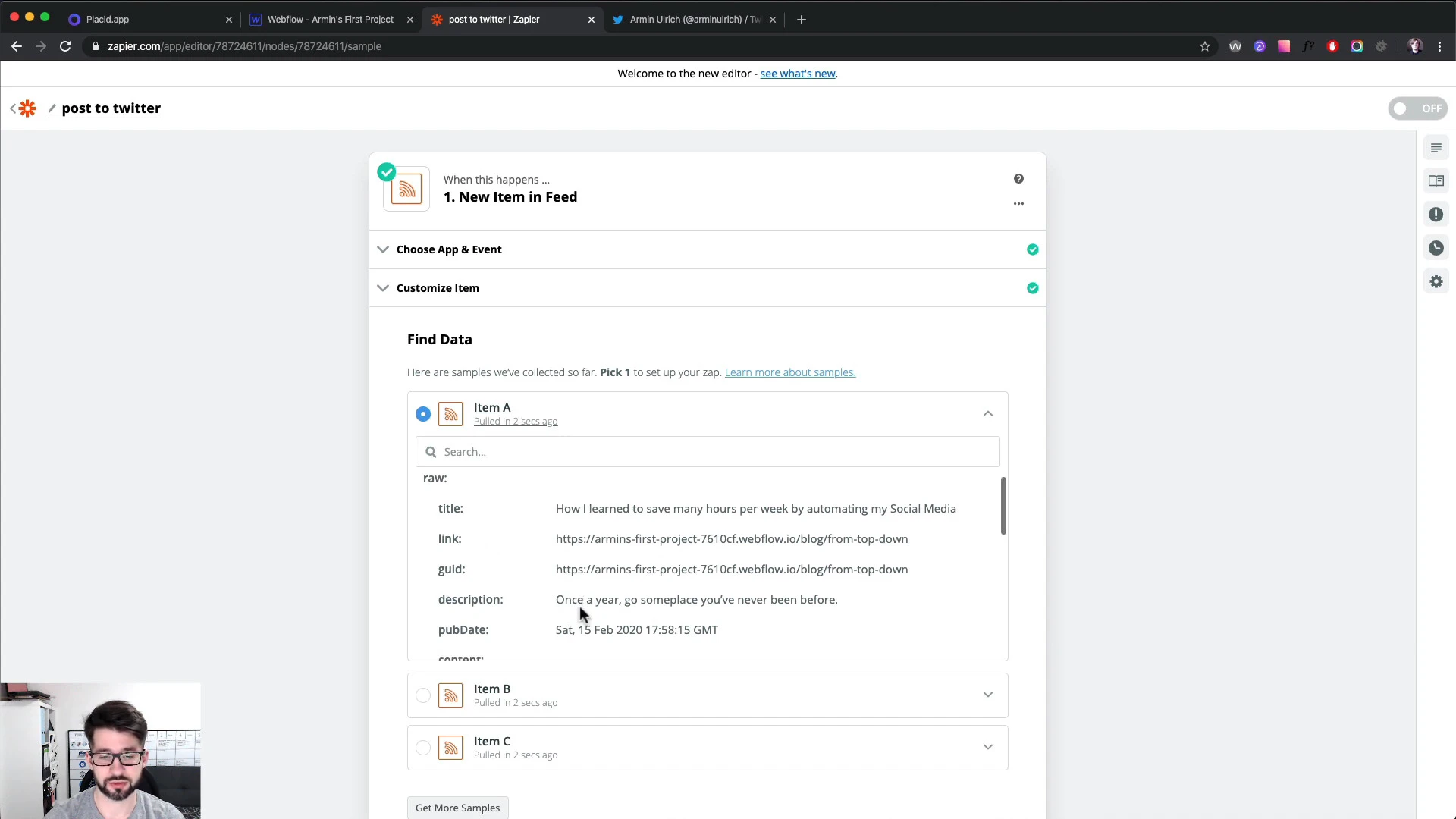 Video Tutorial Screenshot – Test run of getting RSS feed data with Zapier
