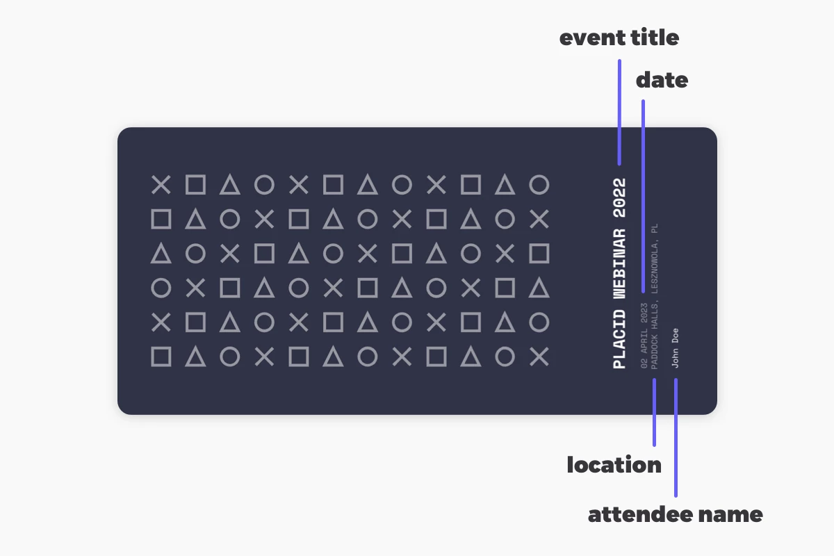 Placid event ticket template with dynamic elements