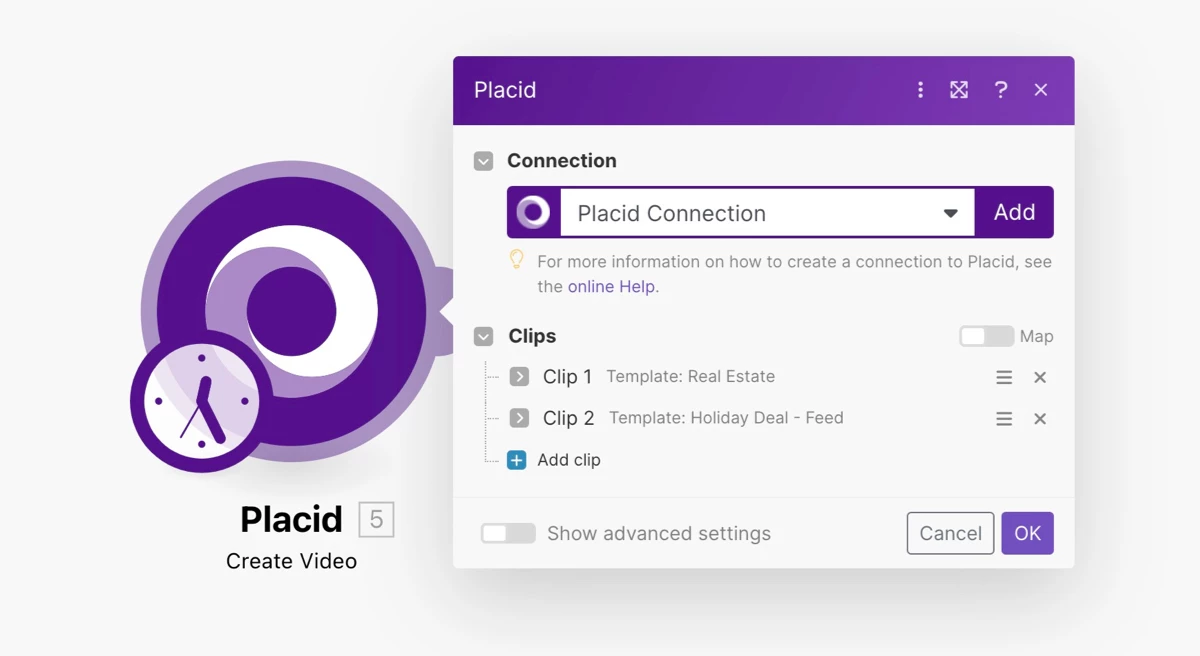 Placid Make video action with multi-clip setup