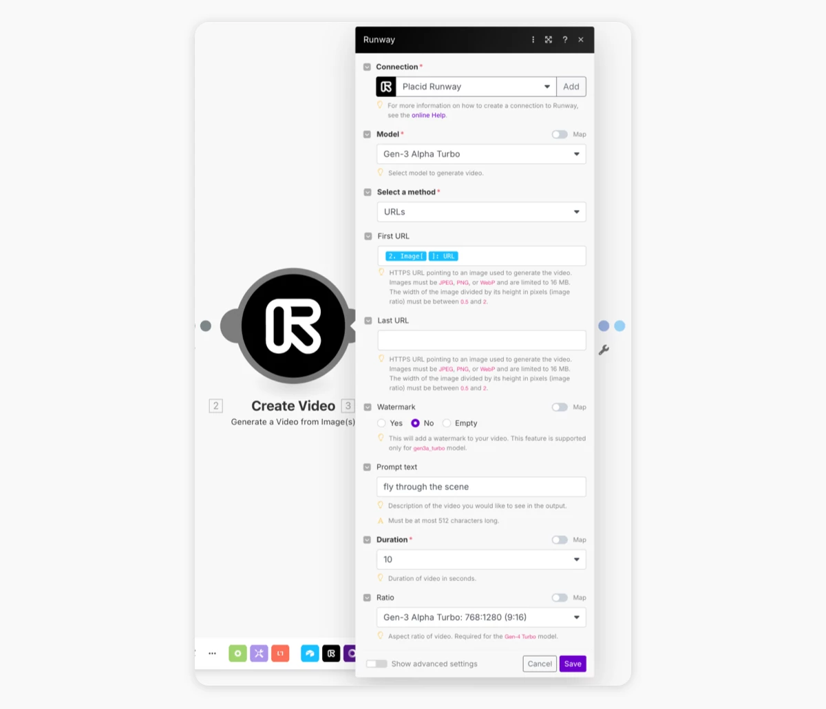 Runway Make.com action setup