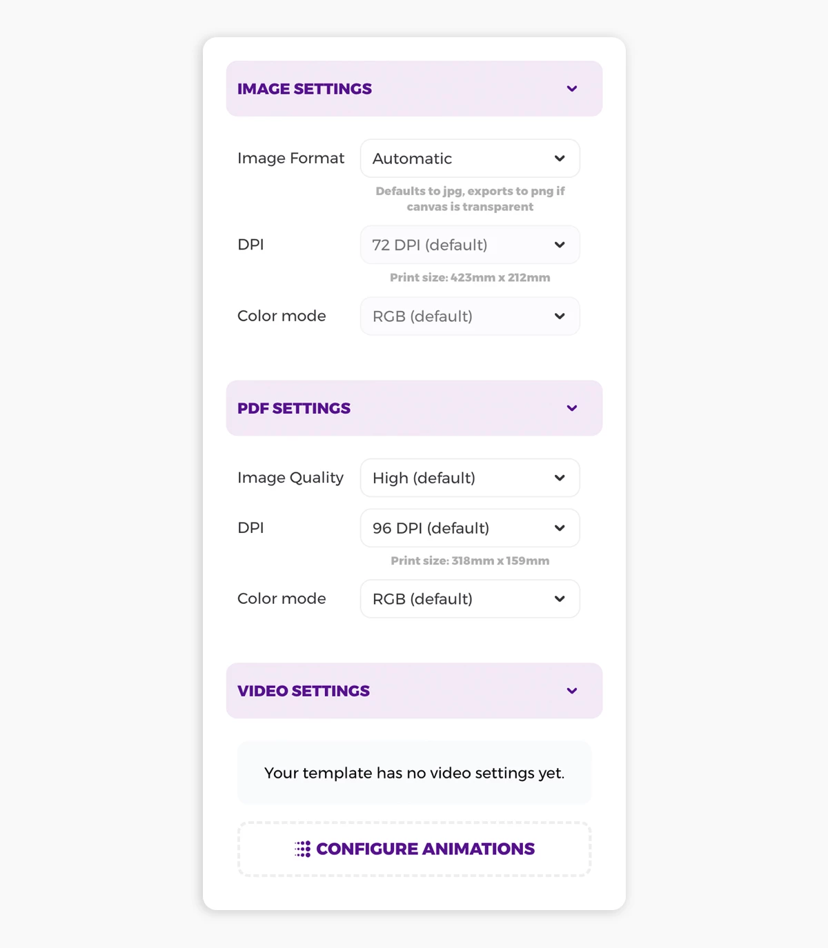 Placid template editor - export settings