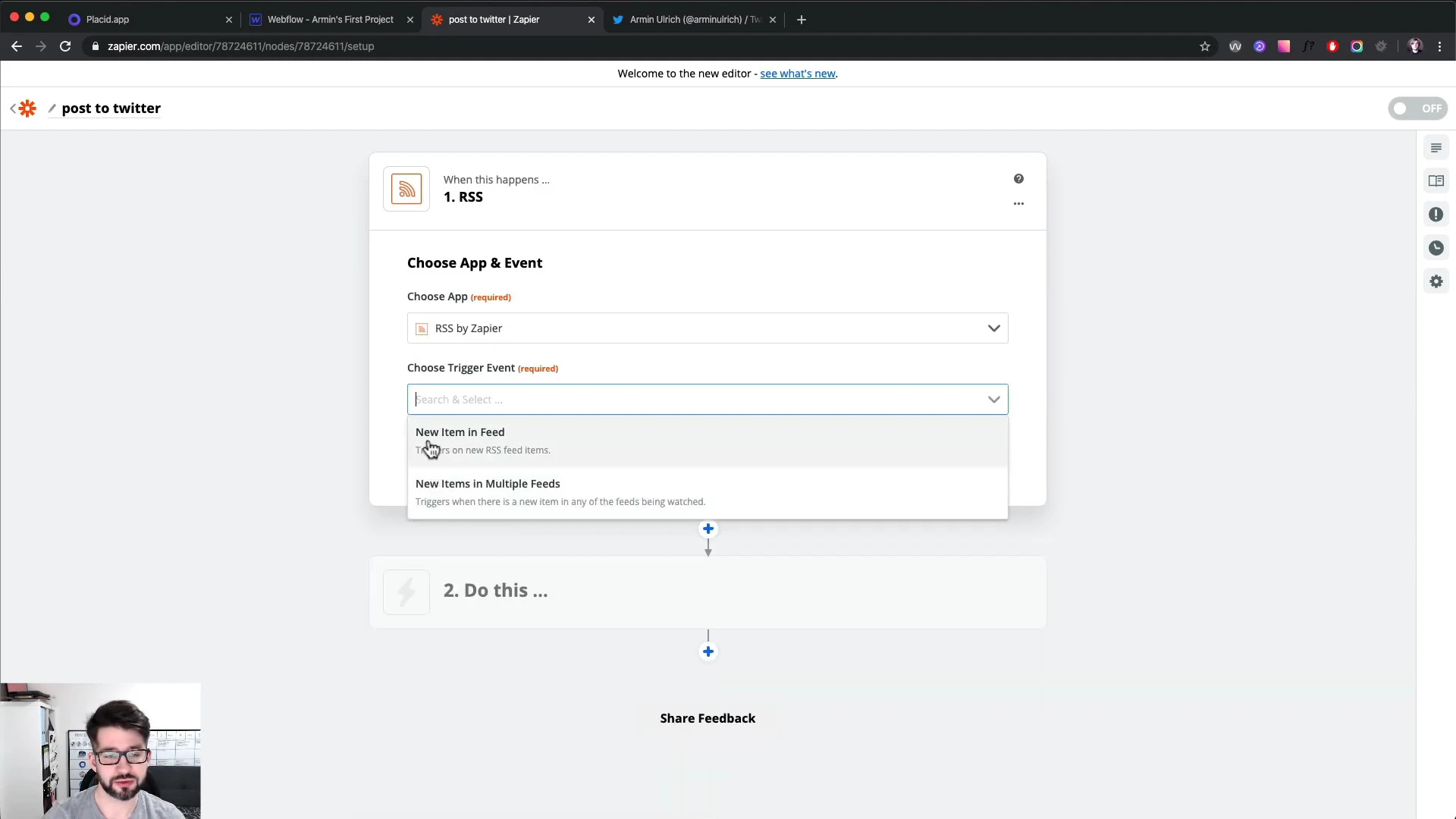 Video Tutorial Screenshot – Zapier settings of RSS feed as trigger