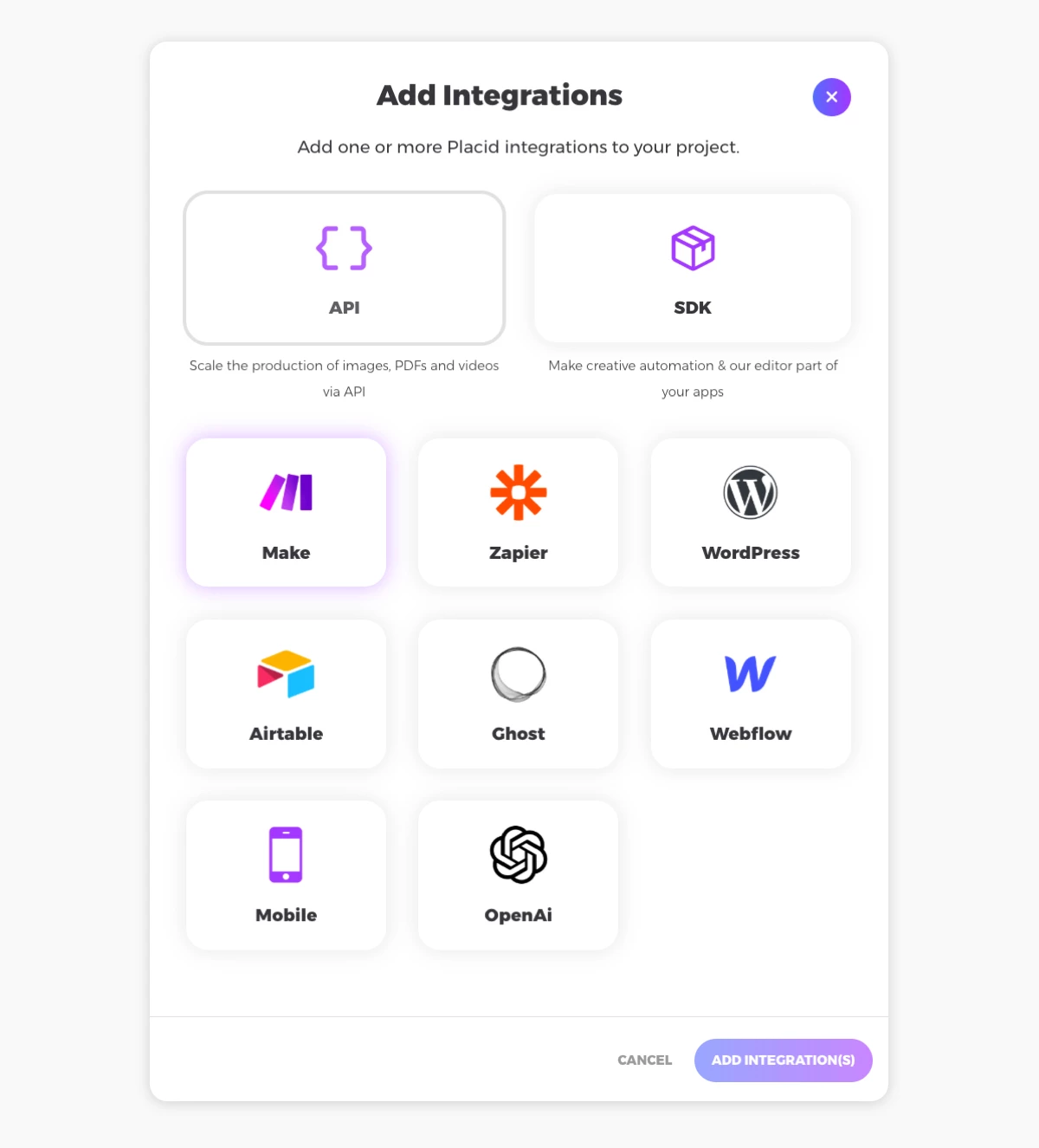 Placid add integration screen