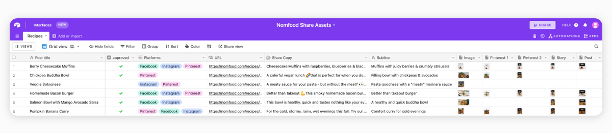 Nomfoods Placid demo Airtable with approval workflow