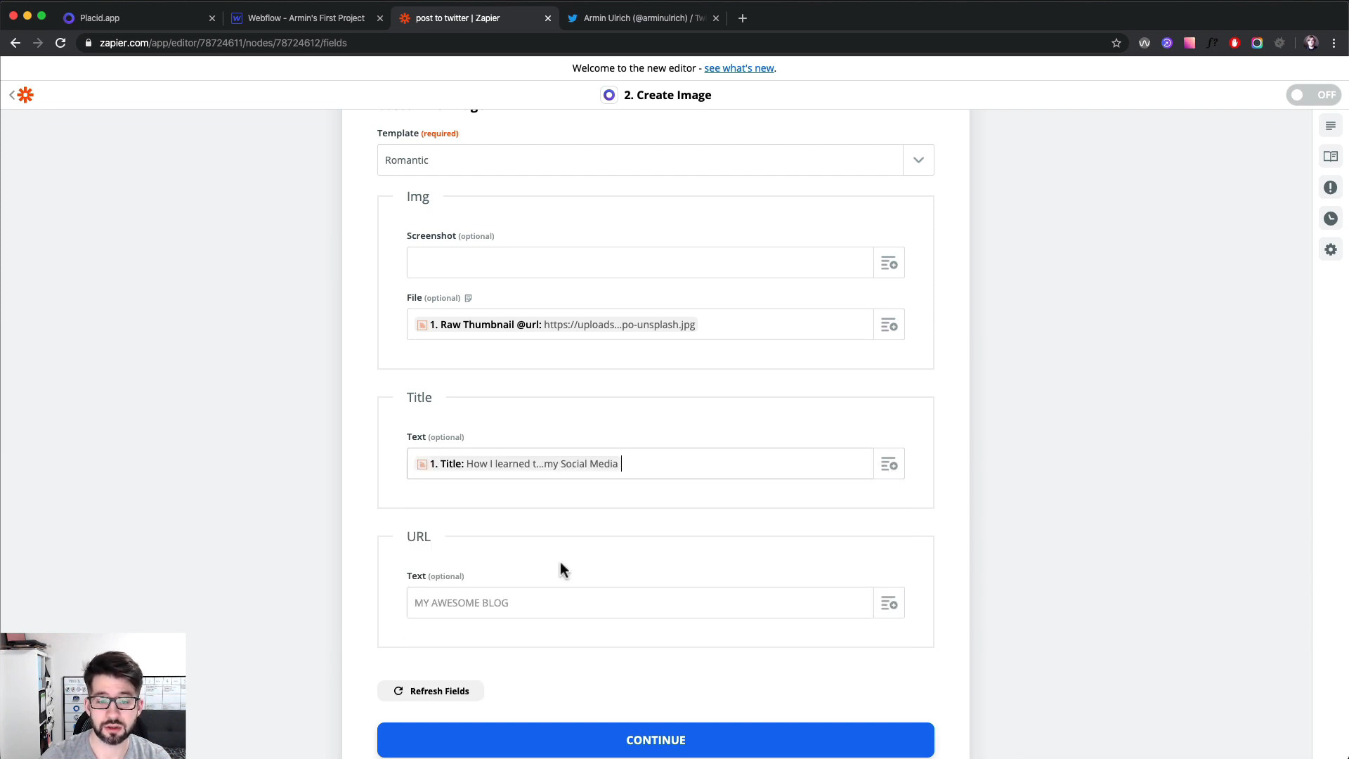 Video Tutorial Screenshot – Zapier settings to automatically fill Placid template with Zapier data
